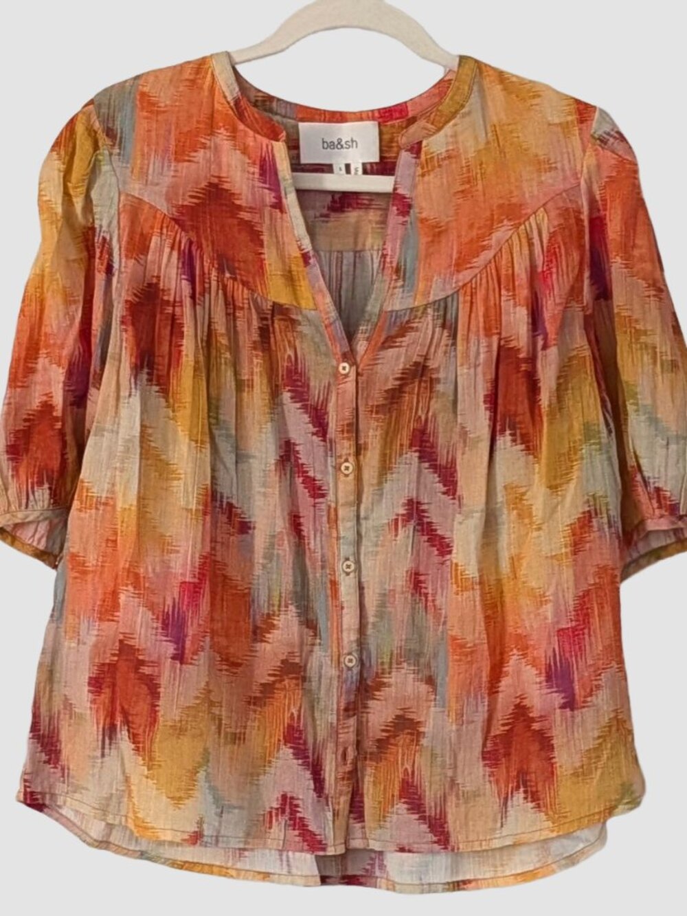 ba&sh Alabama Ochre Cotton Ikat Print Blouse Boho Peasant Button Front Top Small
